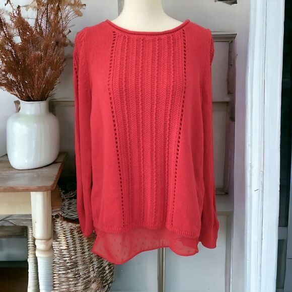 Lucky Brand Sweater S Red Layered Chiffon Long Sleeve Pullover Swiss Dot Flowy. - Picture 5 of 16